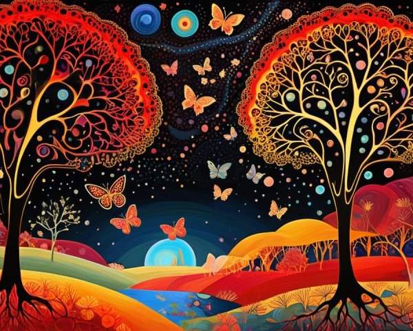 Surreal Landscape with Stylized Trees and Butterflies