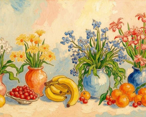 Vibrant Still Life with Colorful Flowers and Fruits