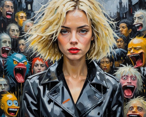 Portrait of a Confident Woman Amidst Chaotic Crowd