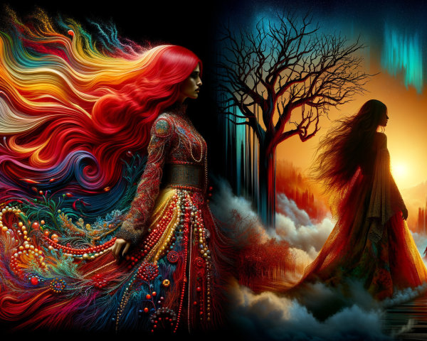 Split Scene of a Woman in Colorful and Surreal Settings
