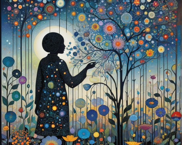 Silhouette in a Colorful Floral Landscape at Dusk