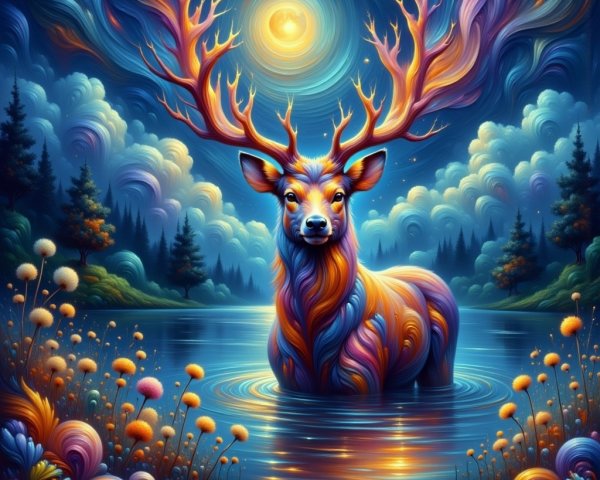 Surreal Scene with Colorful Antlered Deer and Moonlight