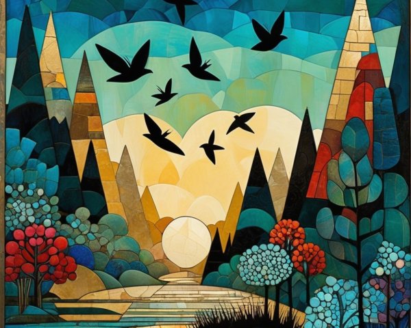 Vibrant Stained Glass Landscape with Mountains and River