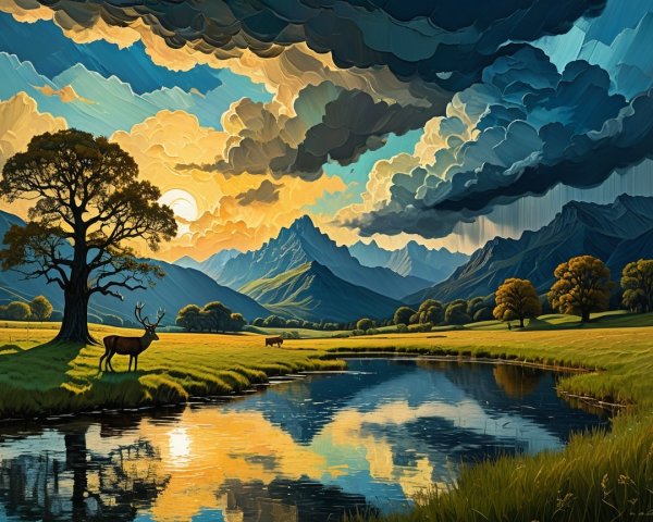 Tranquil River and Majestic Mountains in Nature Scene