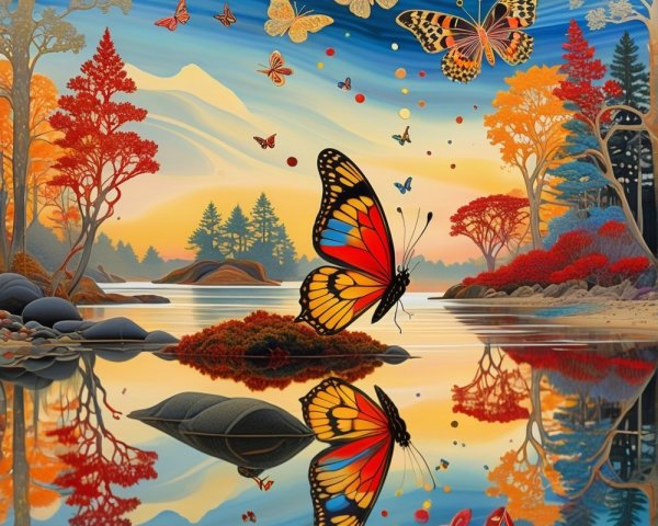 Autumn Landscape with Lake, Trees, and Butterflies