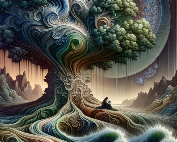 Intricate Tree Design with Mountains and Mandala Elements