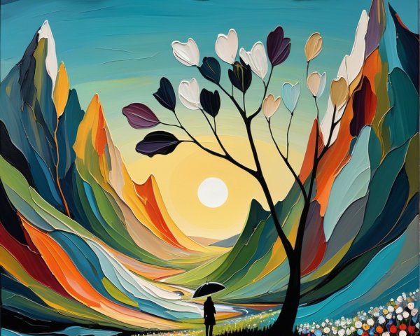 Vibrant Landscape with Mountains and Colorful Flowers