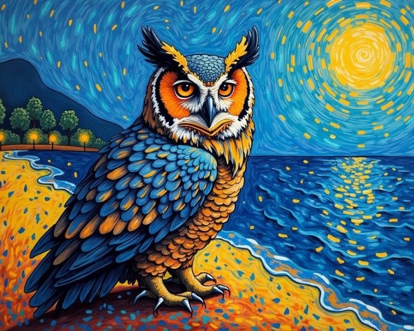 Colorful Owl on Beach with Swirling Sky and Mountains