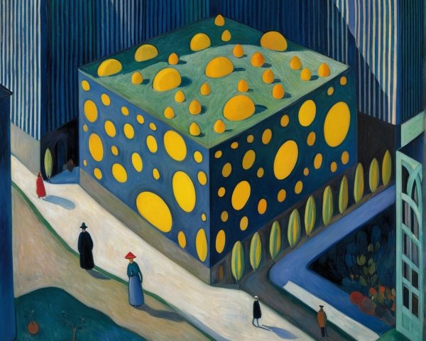Whimsical Landscape with Cube-Shaped Building and Figures