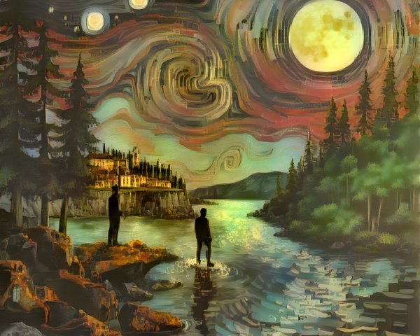 Vibrant Night Sky with Figures Near Shimmering River