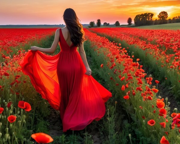 Woman in Red Dress in Poppy Field at Sunset
