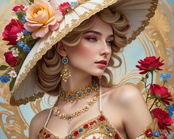 Elegant Woman in Floral Sun Hat and Gold Dress