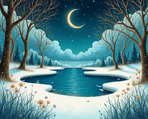 Serene winter lake scene with moon and stars