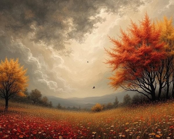 Vibrant Autumn Landscape with Contrasting Trees