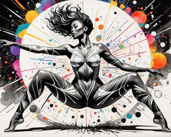 Dynamic Woman in Vibrant Abstract Colors and Patterns