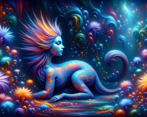 Mystical Lioness-Woman in a Colorful Landscape
