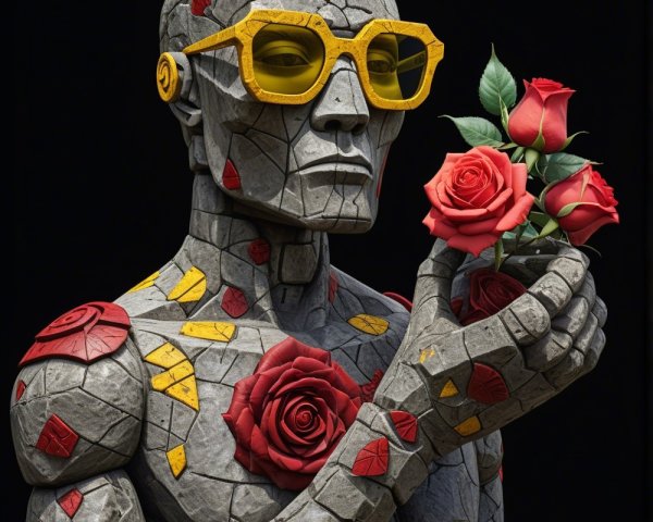 Stylized Stone Figure with Roses and Sunglasses