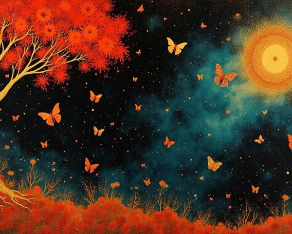 Vivid Landscape with Red Tree and Blue Sky