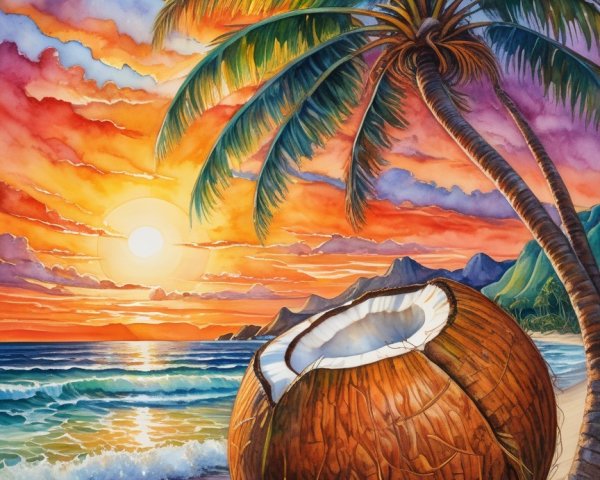 Vibrant Sunset Over Tranquil Ocean and Beach Scene