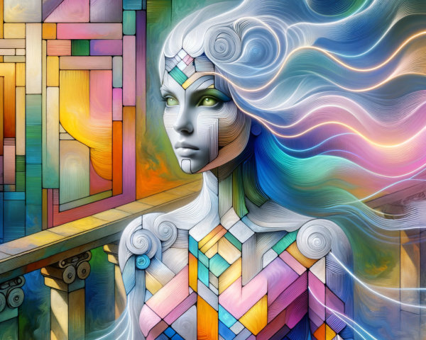 Surreal Figure with Colorful Patterns and Dreamlike Background