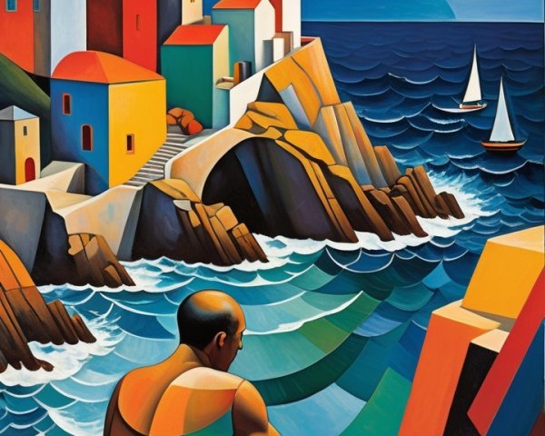 Coastal Scene with Man, Village, and Sailboats