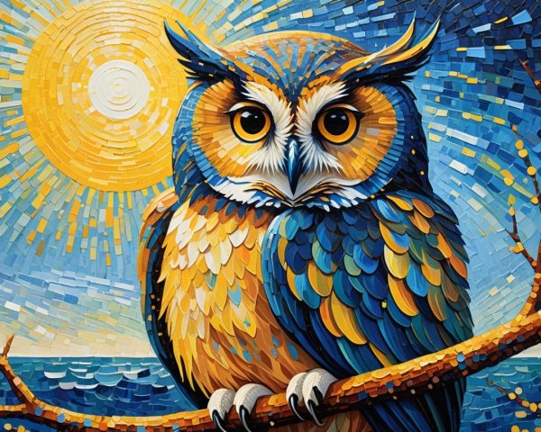 Vibrant Mosaic Artwork of Owl in Lively Setting