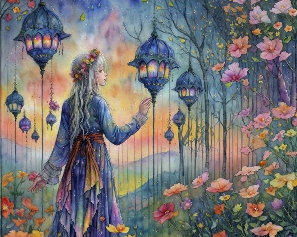 Mystical Girl in Twilight Forest with Colorful Lanterns
