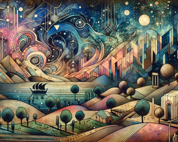 Vibrant Abstract Landscape with Swirling Skies and Mountains