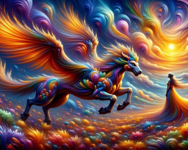 Surreal Landscape with Colorful Winged Horse and Figure