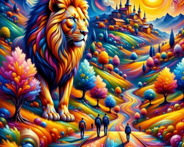 Surreal Landscape with Colorful Lion and Castle