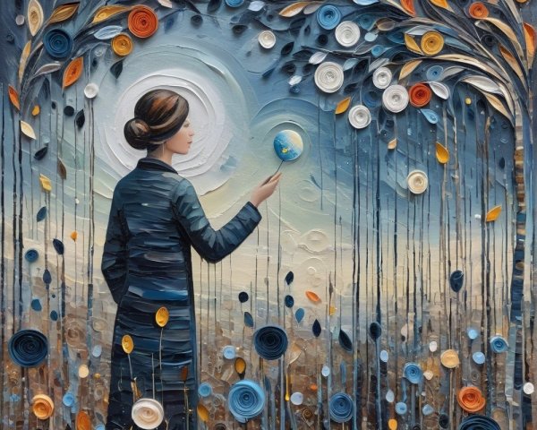 Woman in Dark Coat with Orb Surrounded by Flowers