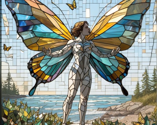 Stained Glass Artwork of a Winged Figure by the Shore