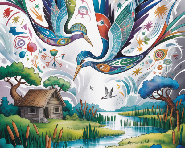 Vibrant Landscape with Birds and Quaint Cottage