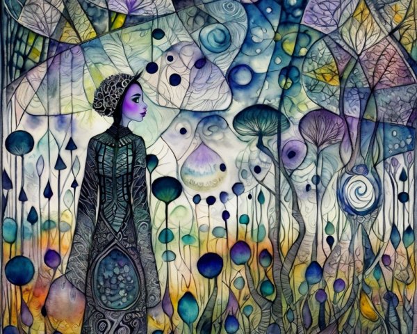Whimsical Figure in a Colorful Fantasy Garden