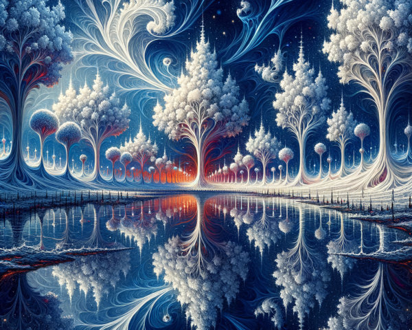 Surreal Landscape with Luminous Trees and Reflection