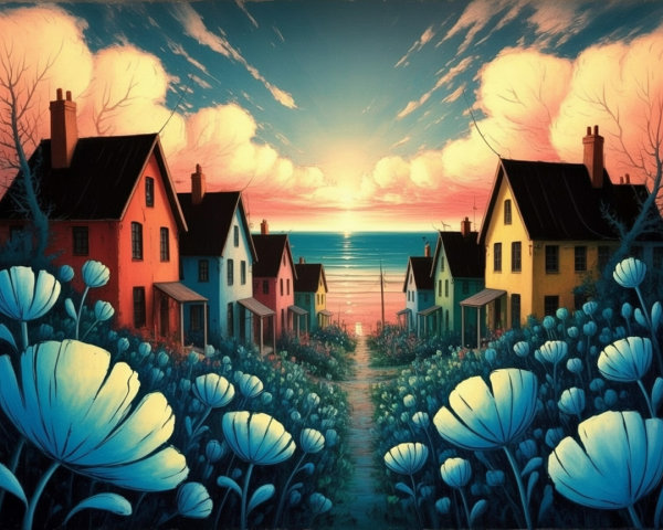 Vibrant seaside landscape with charming colorful houses