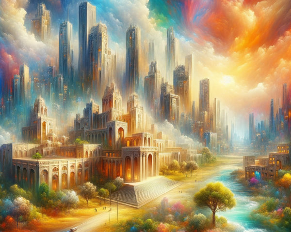 Vibrant Cityscape with Skyscrapers and River