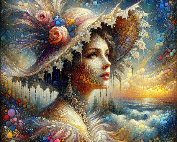 Portrait of a woman in a floral hat with sunset backdrop