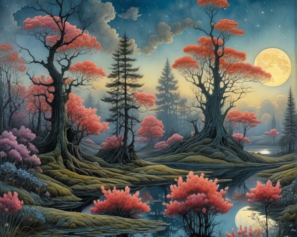 Tranquil Landscape with Pink Foliage and Starry Sky