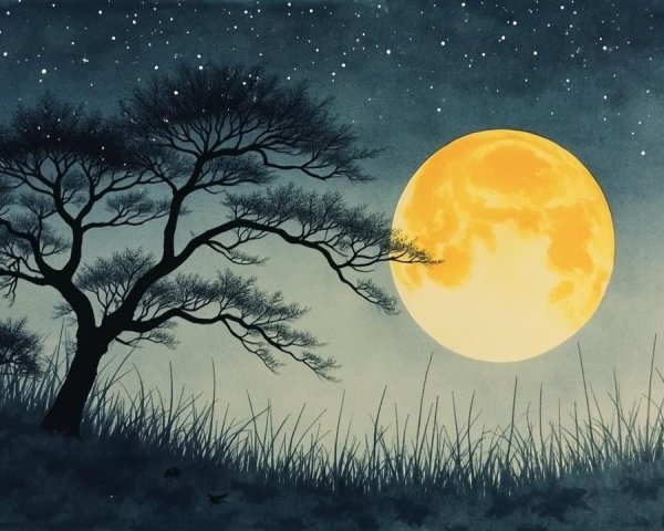 Serene Night Scene with Moon and Silhouetted Tree