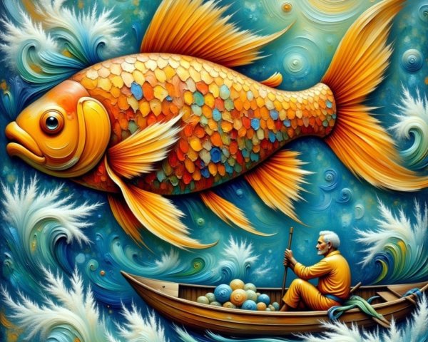 Colorful Goldfish Swimming Through Whimsical Waves