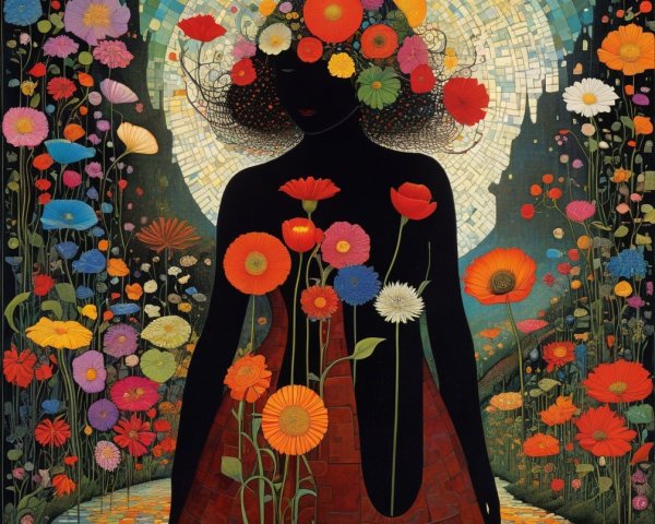 Silhouette of Woman Surrounded by Colorful Flowers
