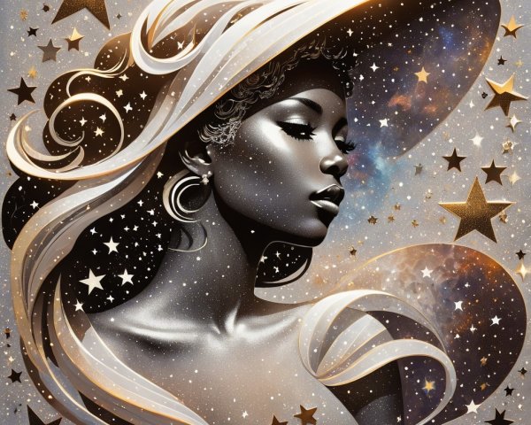 Portrait of a Woman in Cosmic Backdrop with Hat