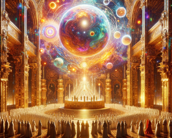 Celestial Scene in Ornate Hall with Reverent Figures