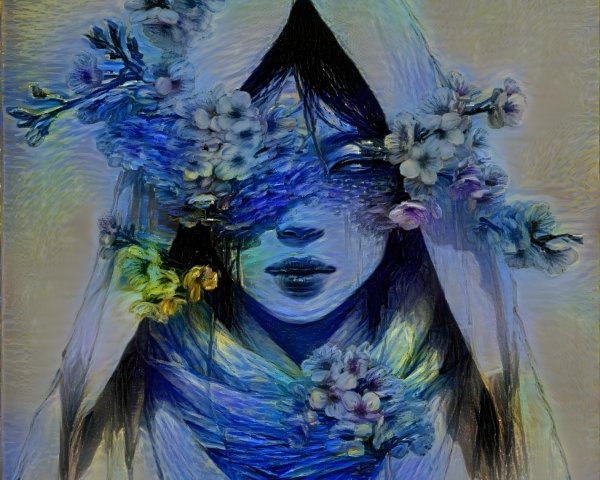 Figure in a veil adorned with blue and yellow flowers