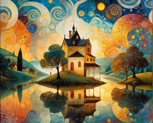 Whimsical House on an Island with Colorful Landscape
