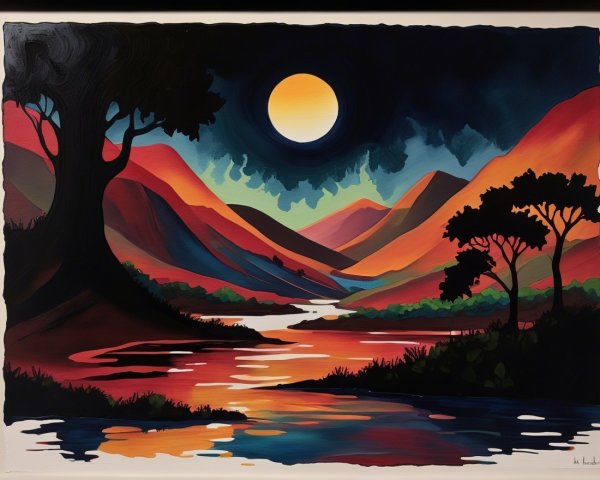 Vibrant Landscape with Rolling Hills and Full Moon