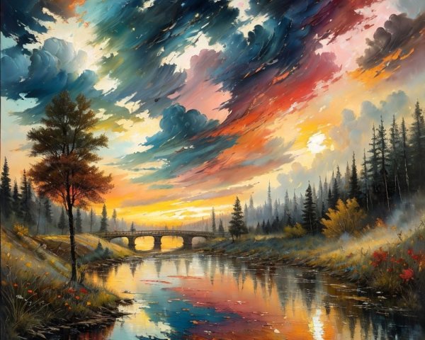 Vibrant River Landscape with Sunset and Old Bridge