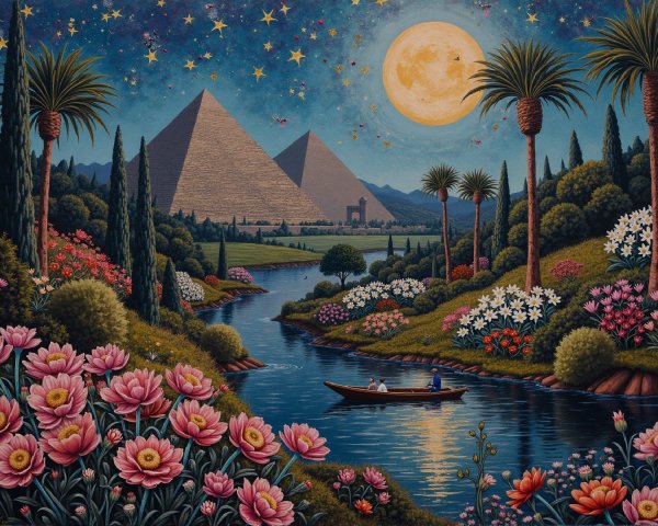 Vibrant Landscape with Pyramids and Starry Sky