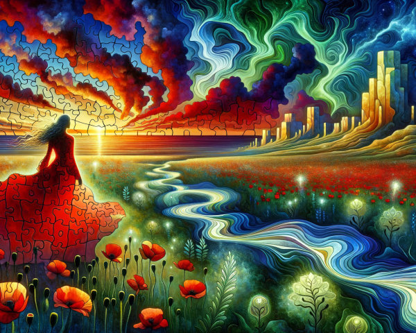 Vibrant Sunset Over River with Woman in Red Dress